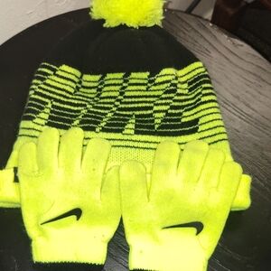 Nike Neon Yellow and Black Kids Beanie and Gloves Set